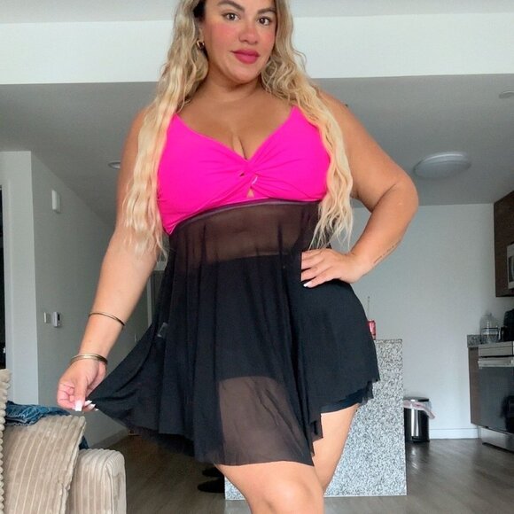 Women's Plus Size Swimsuits Tummy Control Bathing Suits Flowy Mesh Swim Dress - Picture 6 of 12